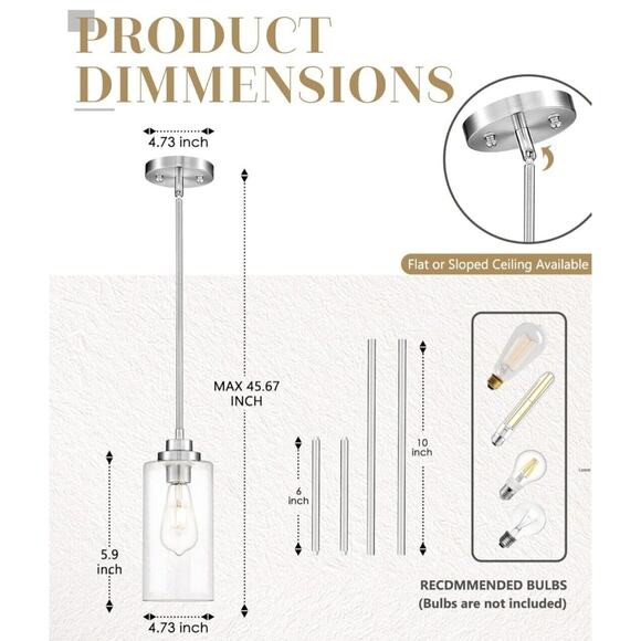 Pendant Light Fixture Brushed Nickel Clear Glass, Kitchen Dining Room Bedroom - Picture 5 of 7